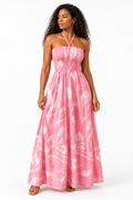 Robe longue à bustier et liens tour de cou — Rose à motifs blancs — studio fond blanc