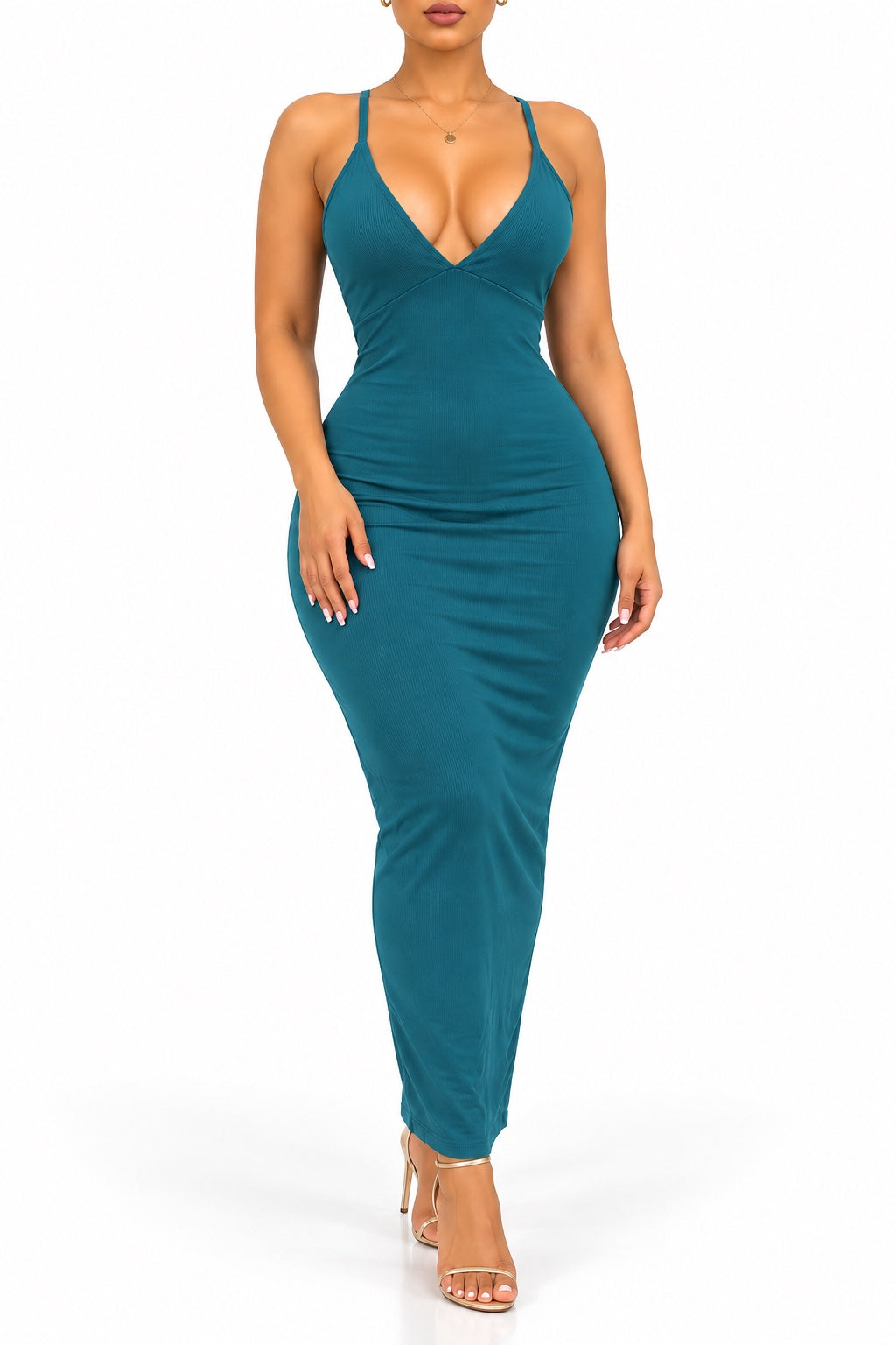 Robe longue côtelée bleu pétrole, deuxième vue
