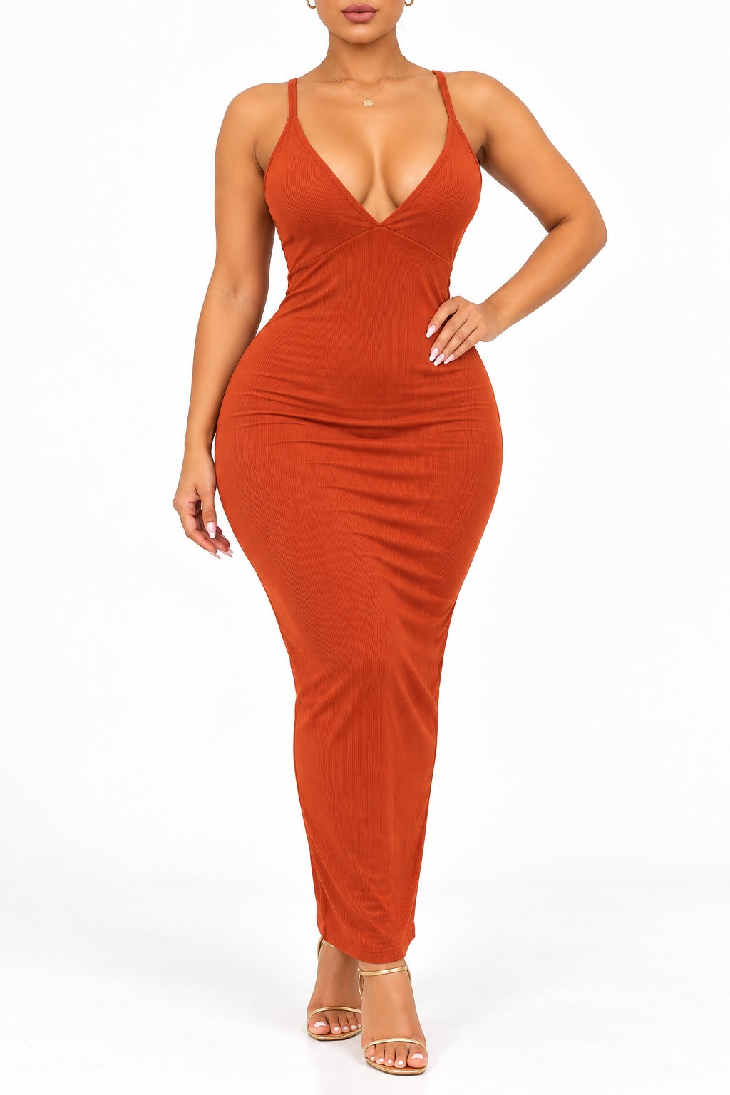 Robe longue côtelée Terracotta