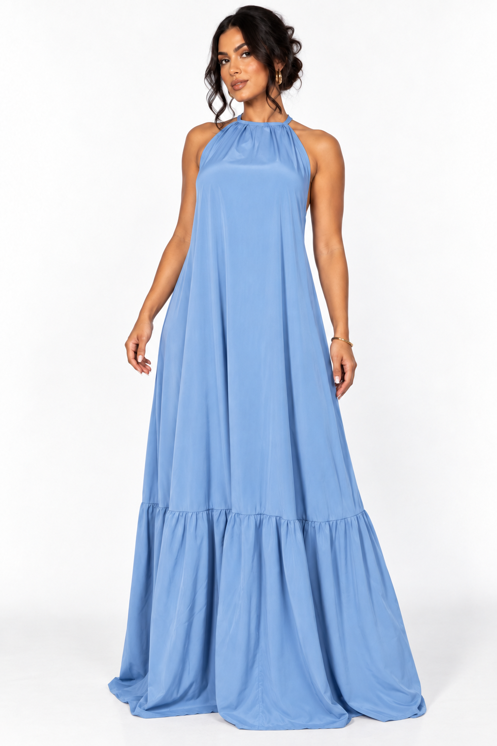 Robe longue fluide dos nu à lien ajustable — bleu-ciel