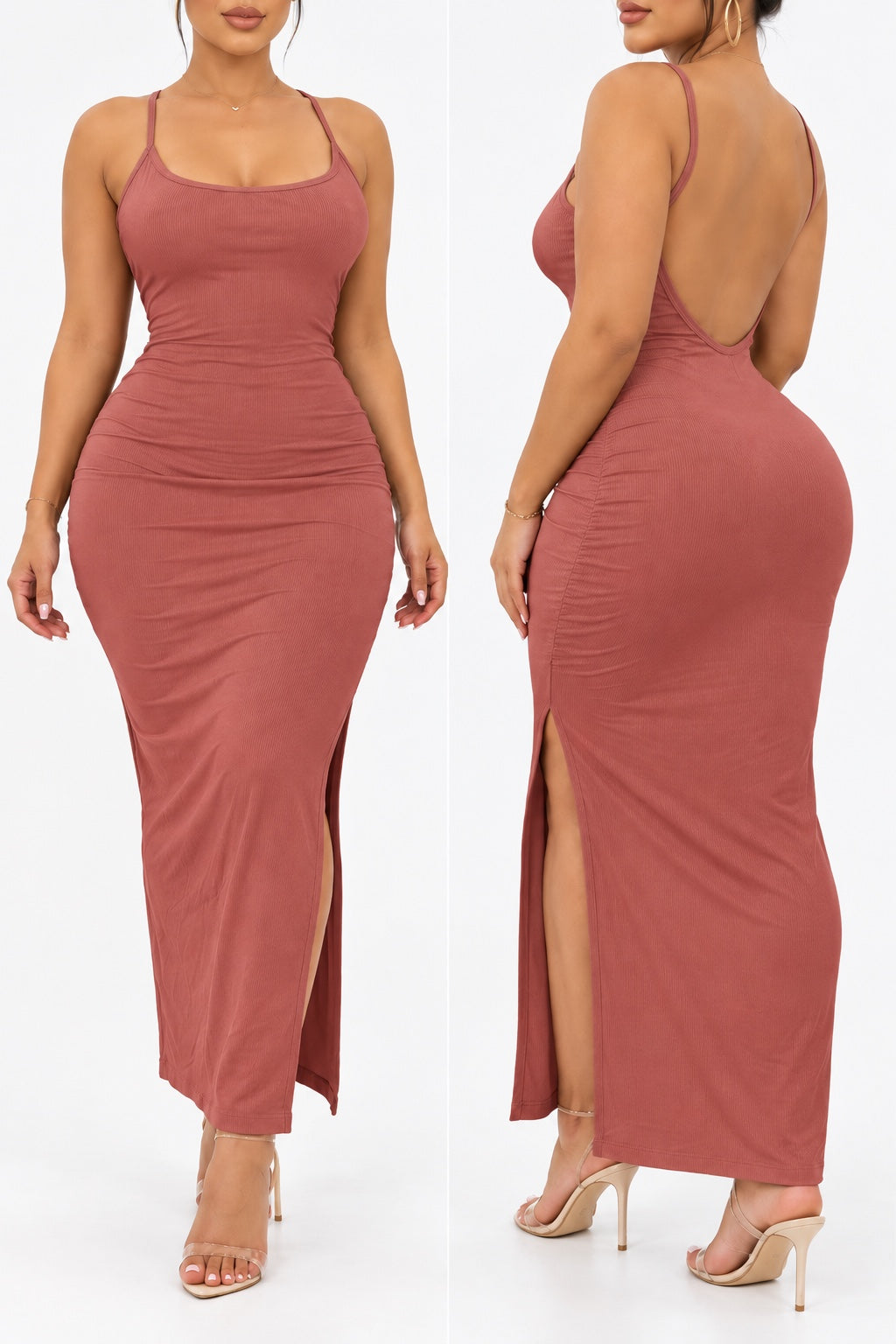 Robe longue côtelée Rose poudré