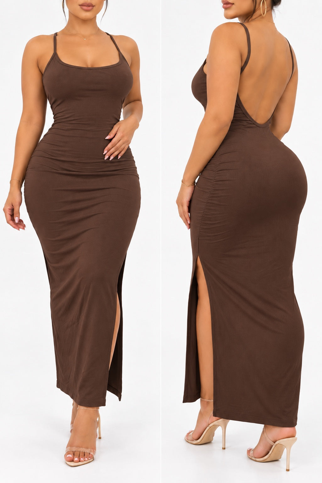 Robe longue côtelée Chocolat