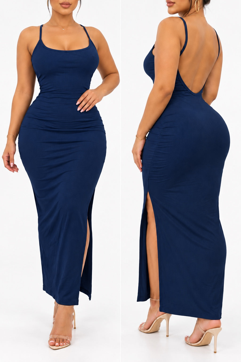 Robe longue côtelée Bleu marine