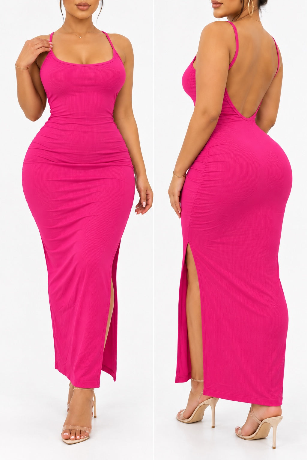 Robe longue côtelée Rose fuchsia