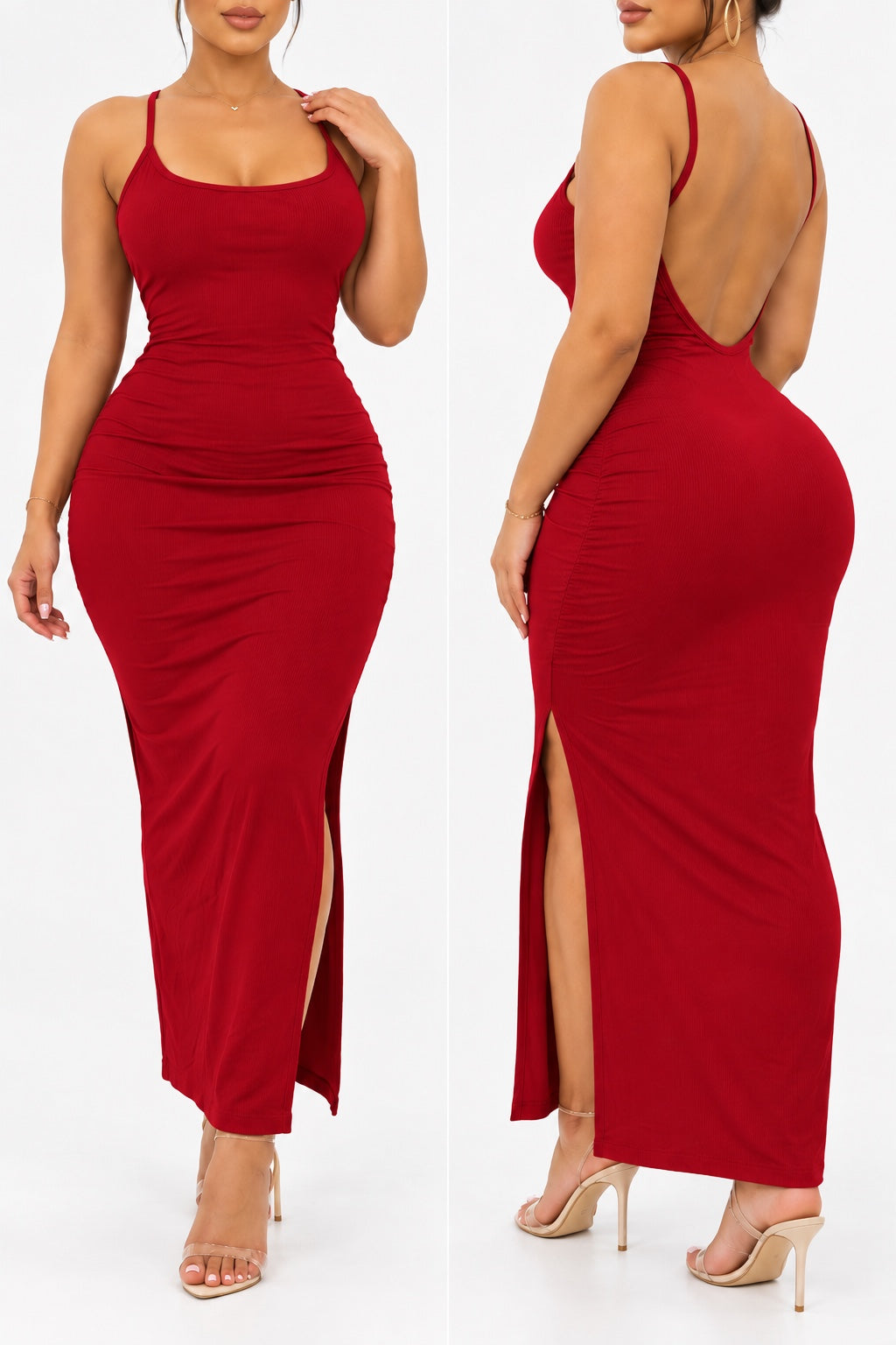 Robe longue côtelée Rouge