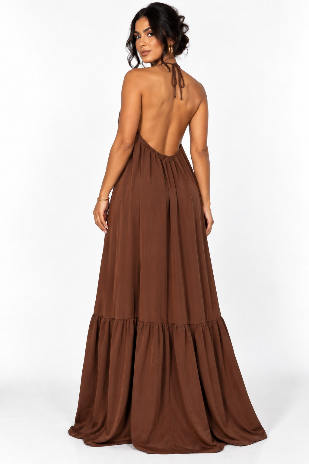 Robe longue fluide dos nu à lien ajustable — dos-marron