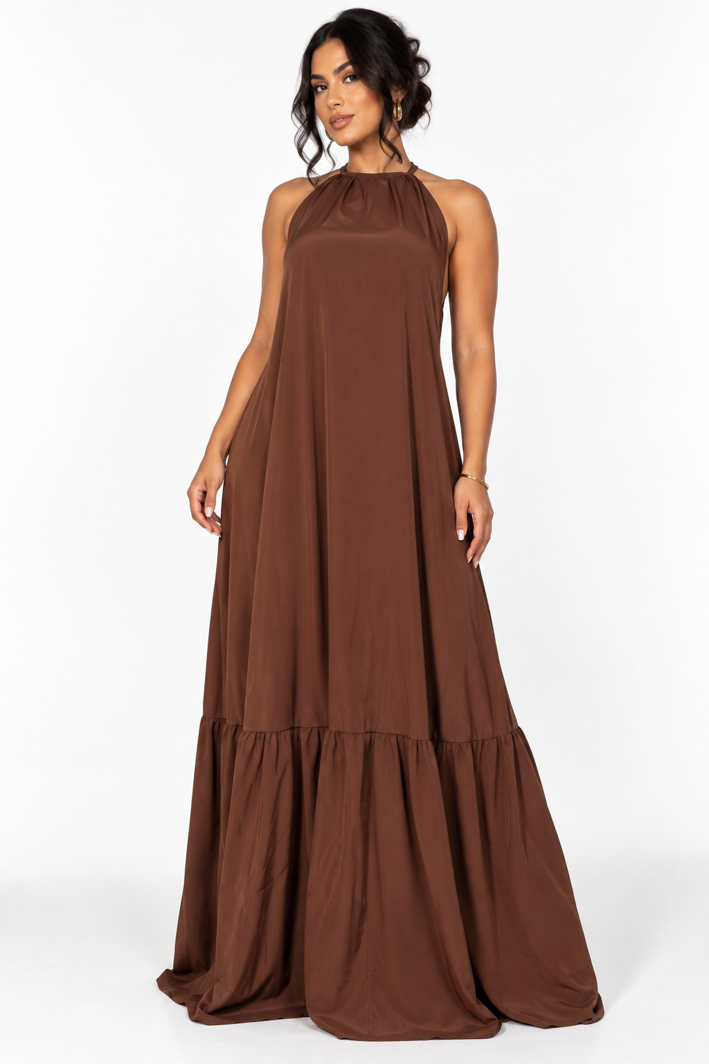 Robe longue fluide dos nu à lien ajustable — marron