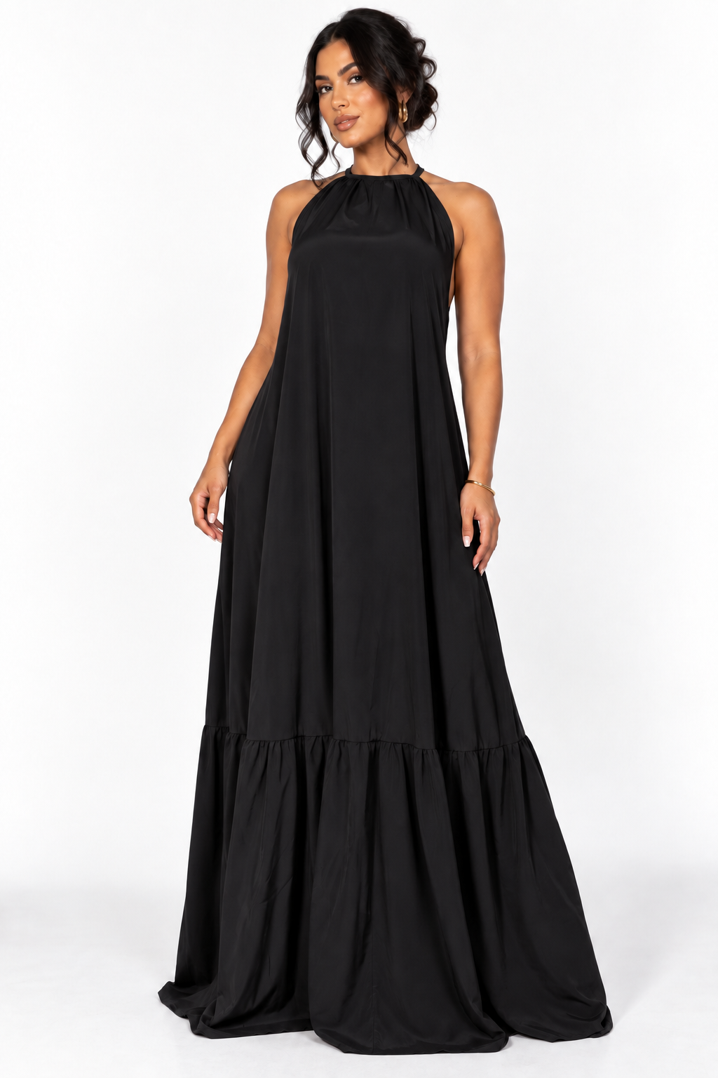Robe longue fluide dos nu à lien ajustable — noir