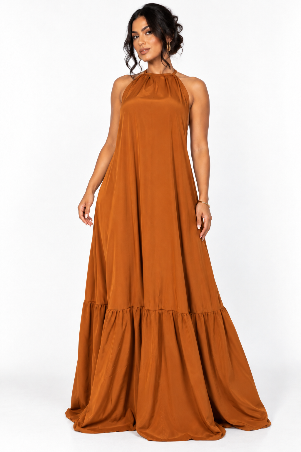 Robe longue fluide dos nu à lien ajustable — orange