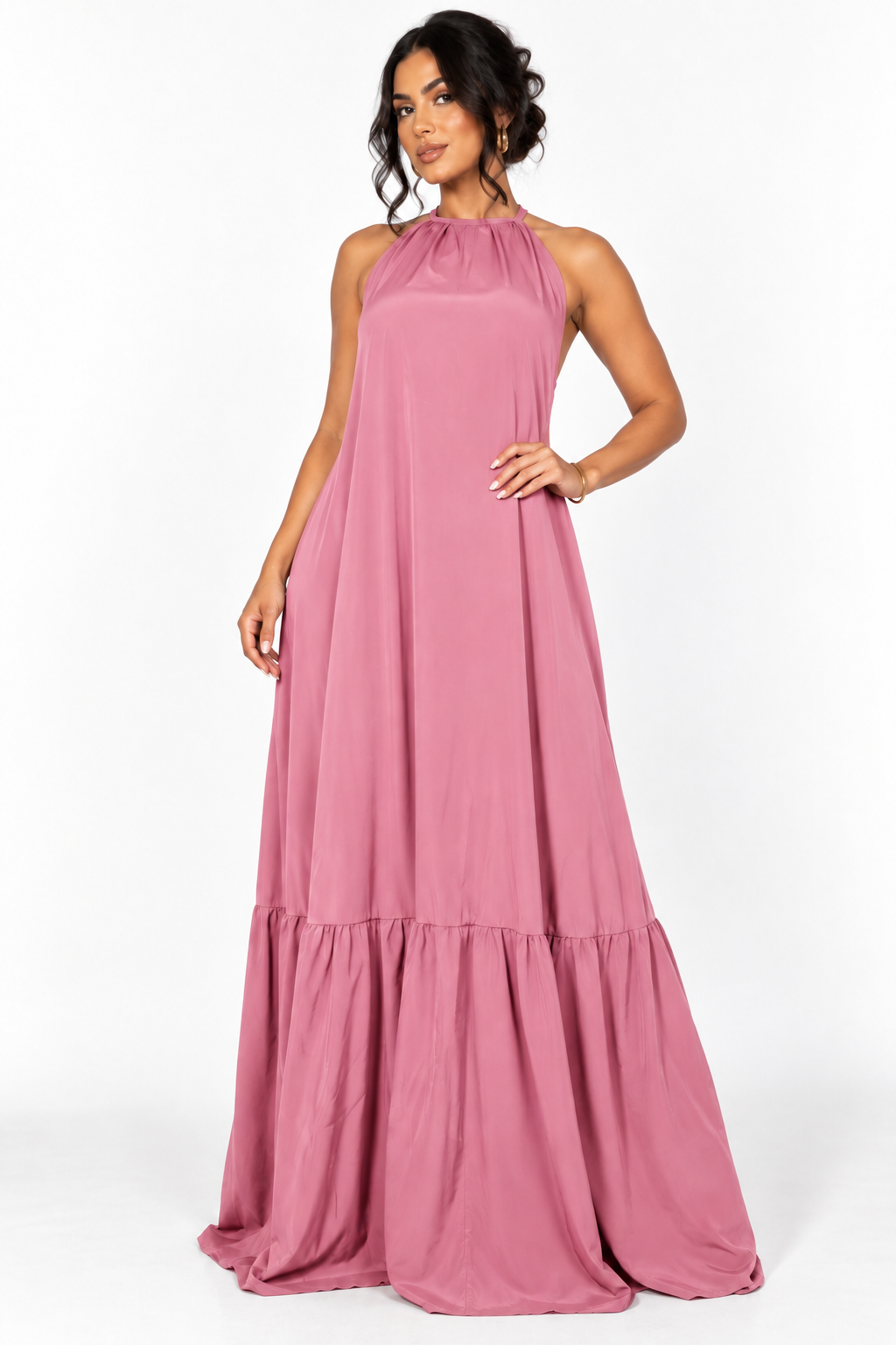 Robe longue fluide dos nu à lien ajustable — rose