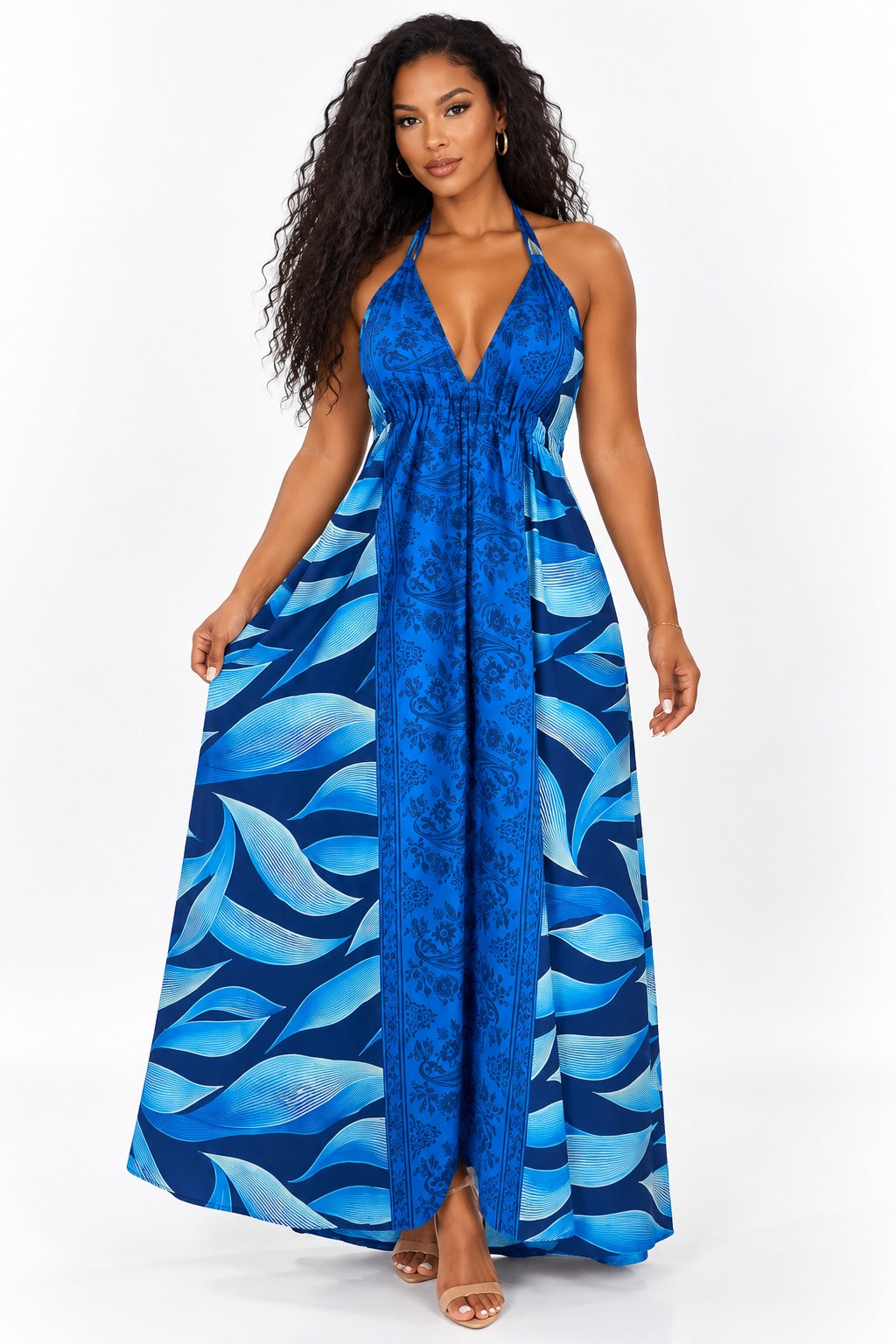 Robe longue fluide bleue imprimée