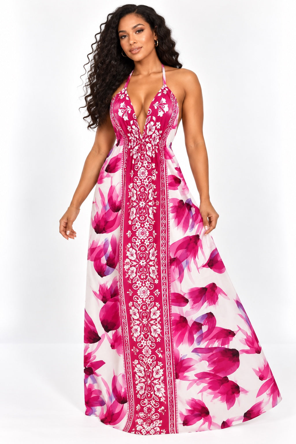 Robe longue fluide fuchsia fleurie