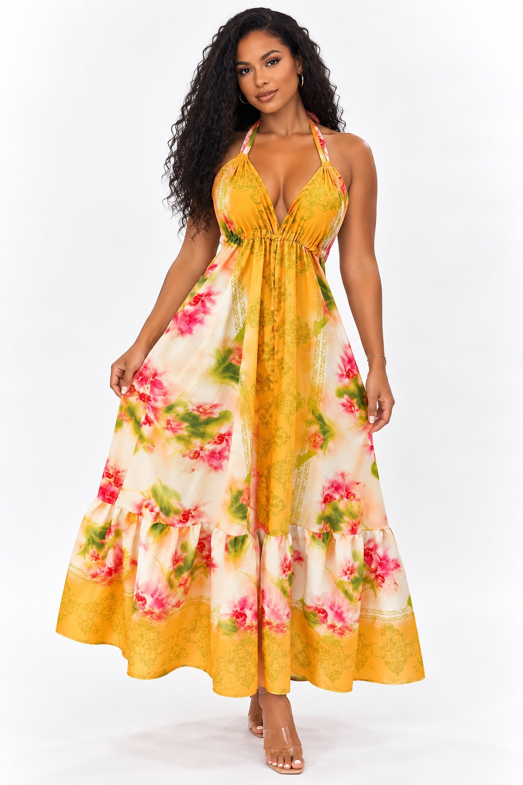 Robe longue fluide jaune fleurie