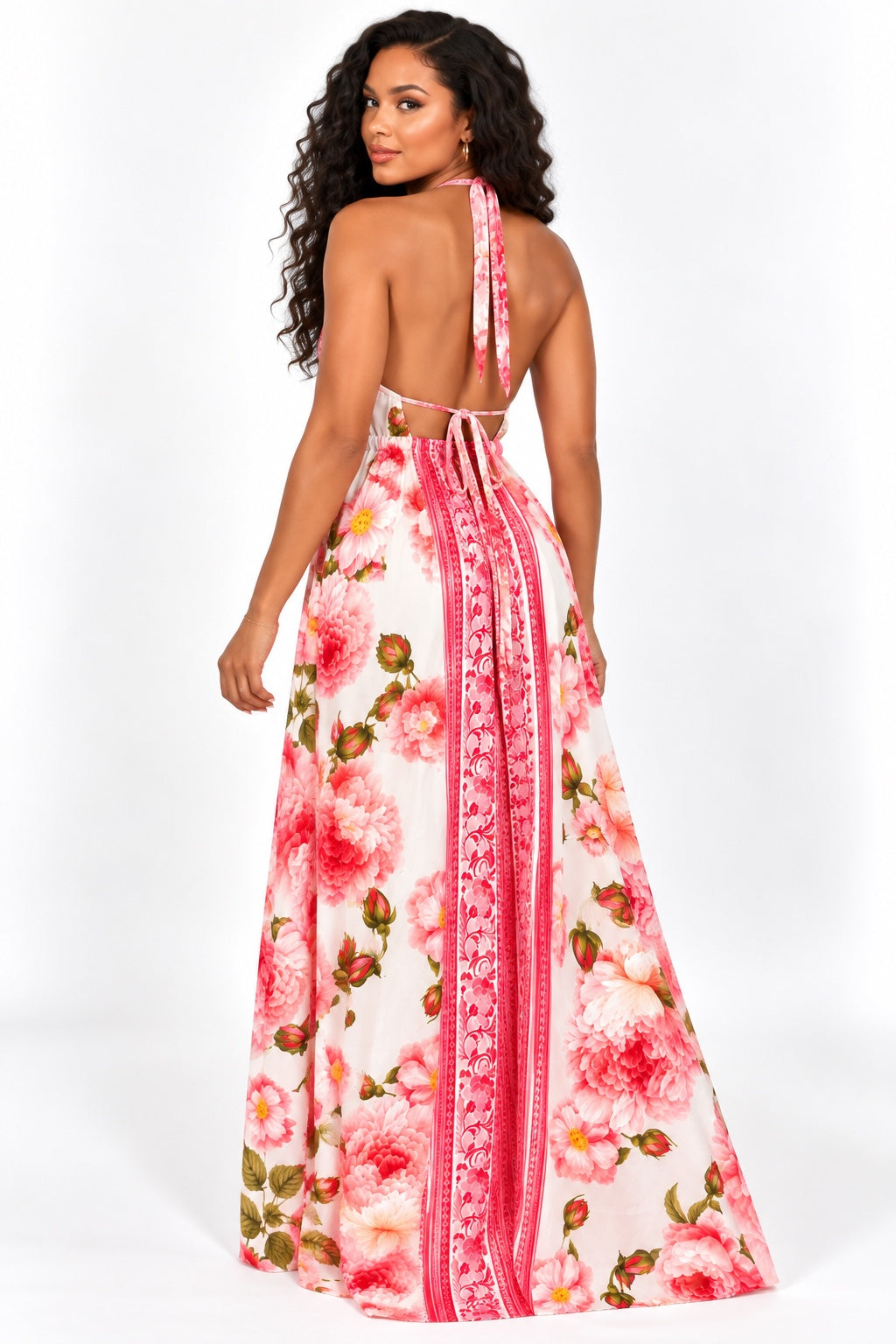 Robe longue fluide rose fleurie - vue de dos