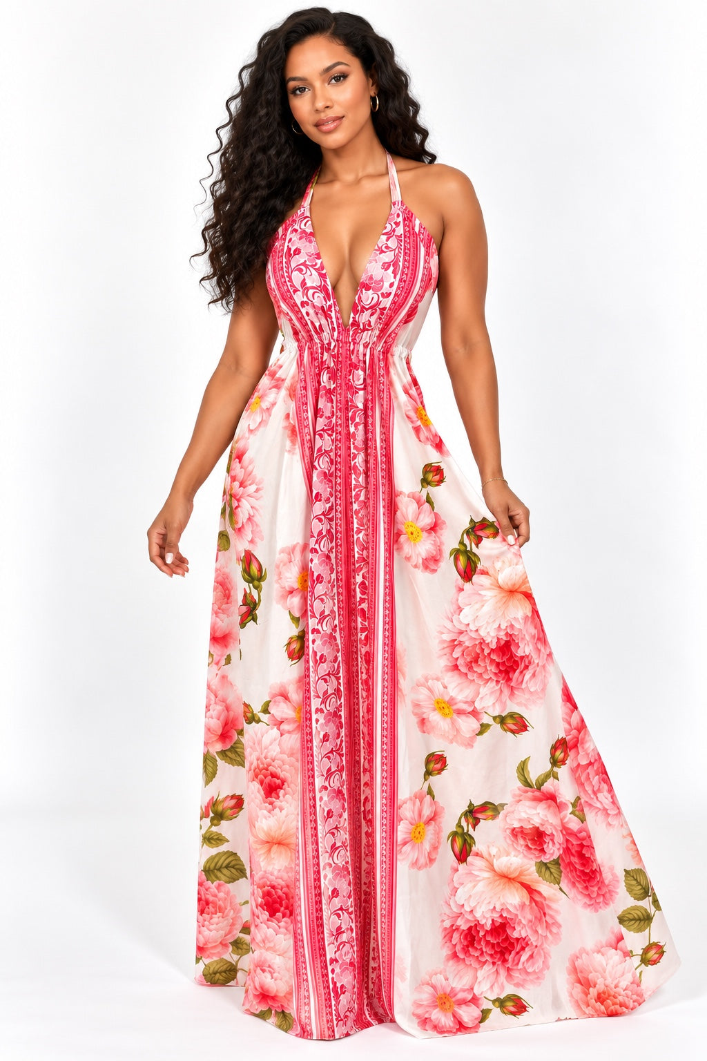 Robe longue fluide rose fleurie - vue de face