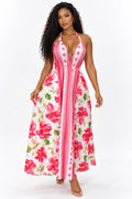 Robe longue fluide rose imprimé hibiscus