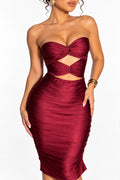 Robe midi bordeaux ajourée à bustier torsadé et jupe froncée, taille XS/S (34/36)