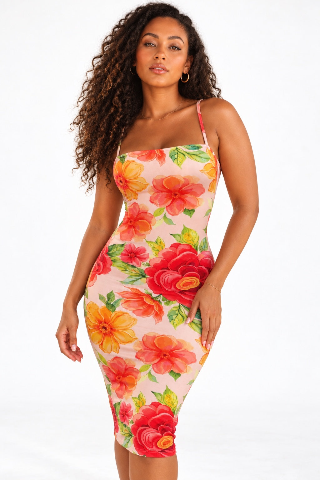 Robe midi rose fleurs multicolores