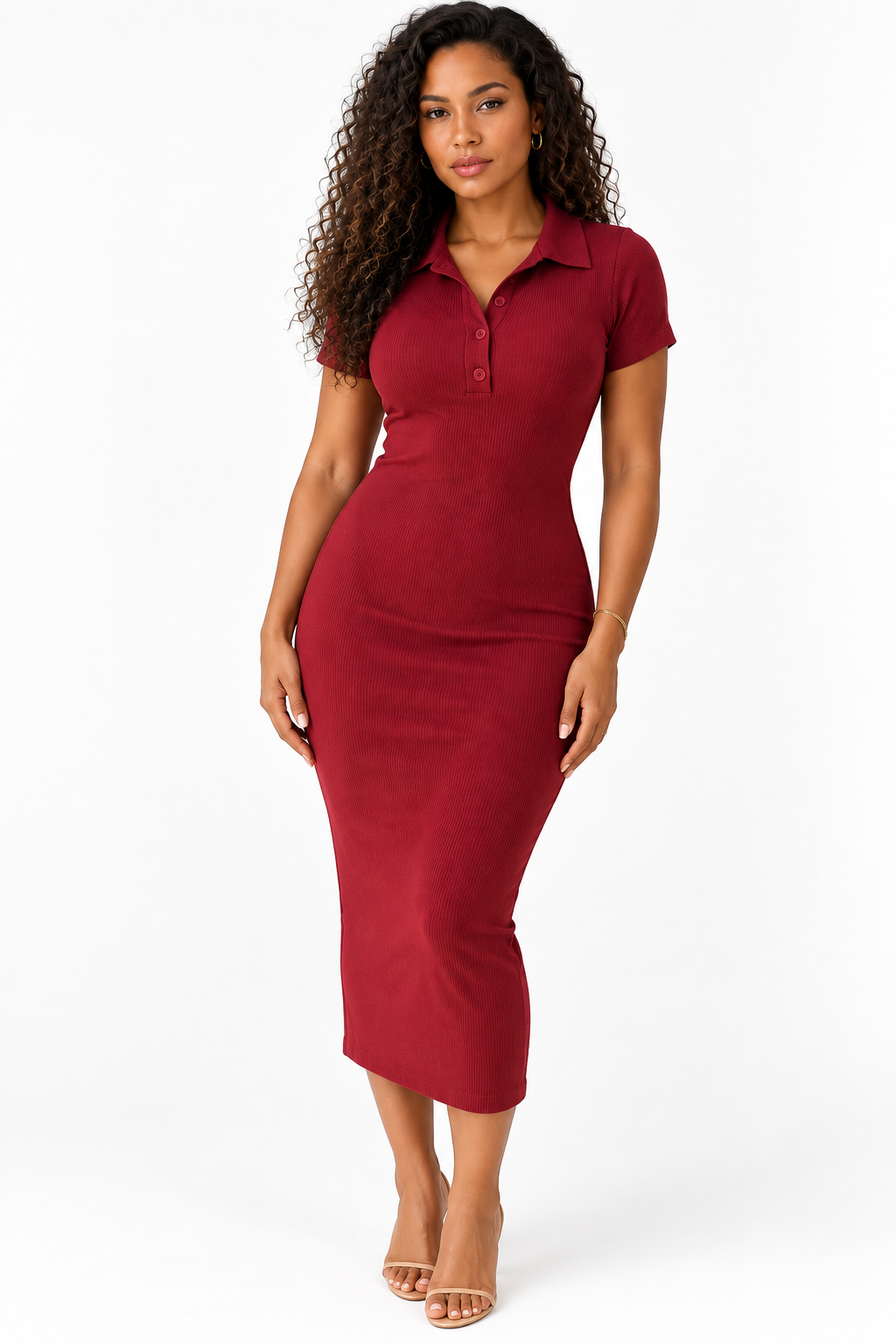Robe midi côtelée bordeaux à col polo boutonné, vue de face sur fond blanc