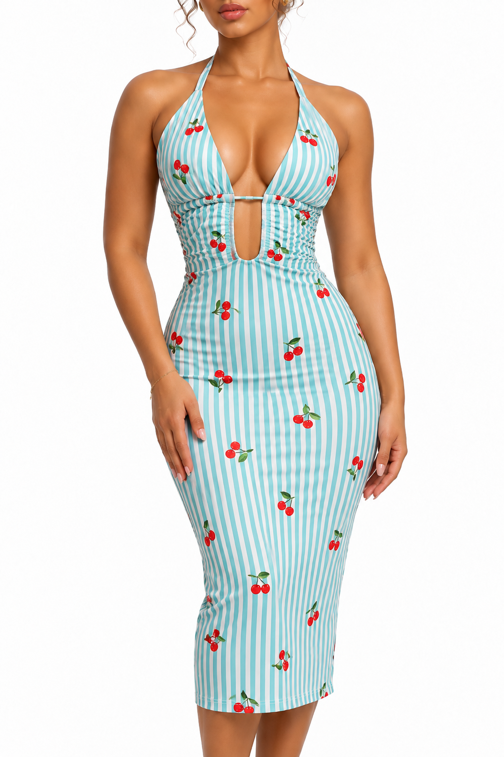 Robe rayée cerises Bleu marine rayé blanc