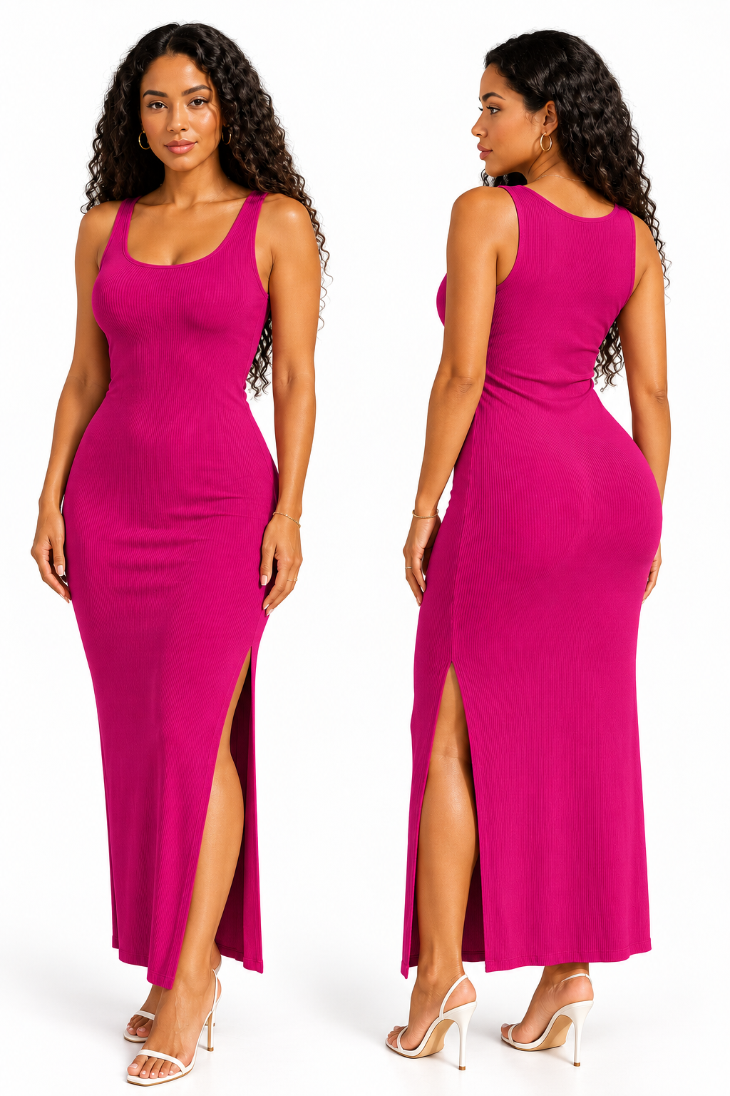 Robe longue côtelée rose vif, vues de face et de dos sur fond blanc