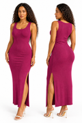 Robe longue côtelée fuchsia, vues de face et de dos sur fond blanc