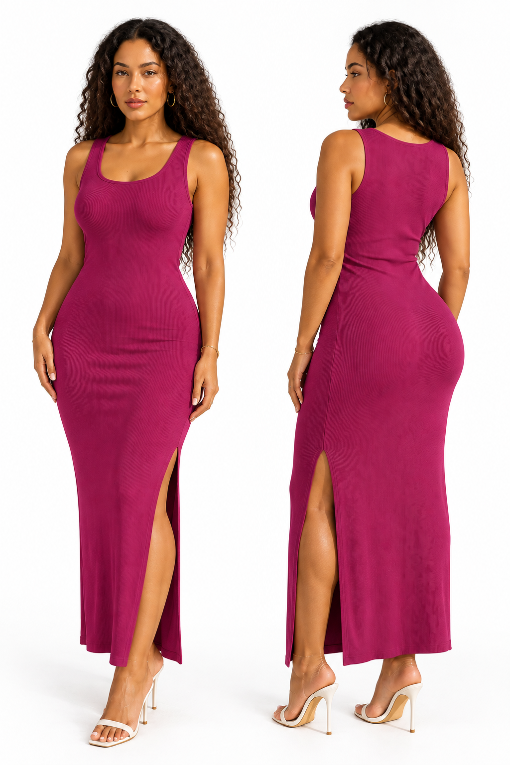 Robe longue côtelée fuchsia, vues de face et de dos sur fond blanc