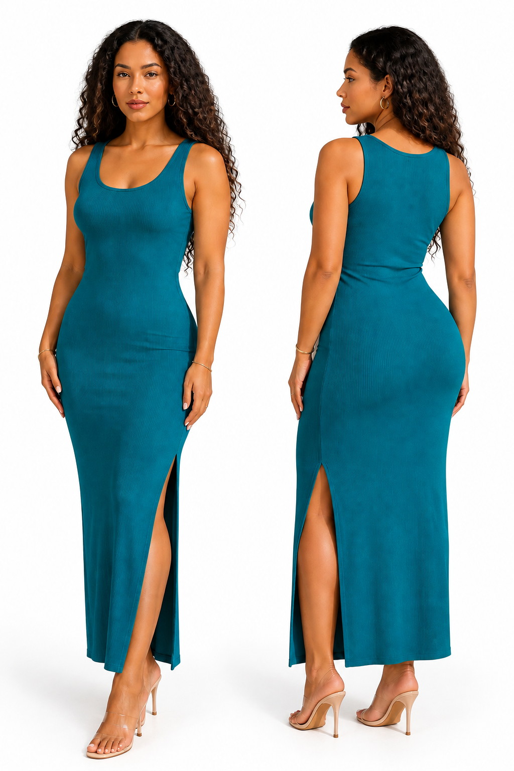 Robe longue côtelée bleu canard, vues de face et de dos sur fond blanc