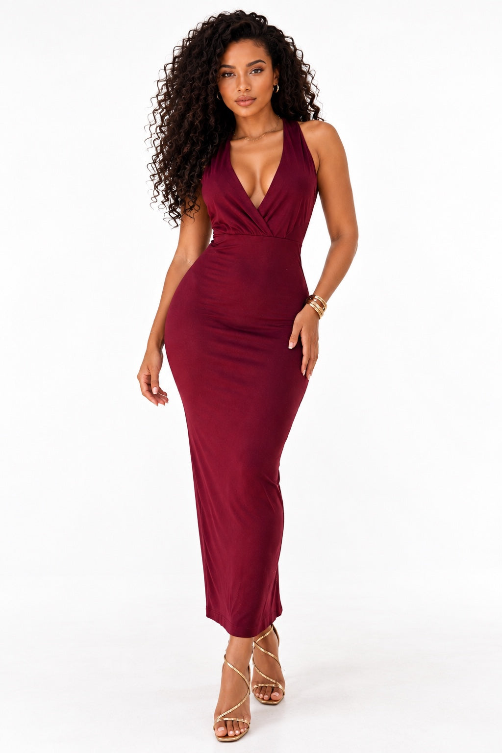 Robe longue bordeaux dos nu à décolleté croisé