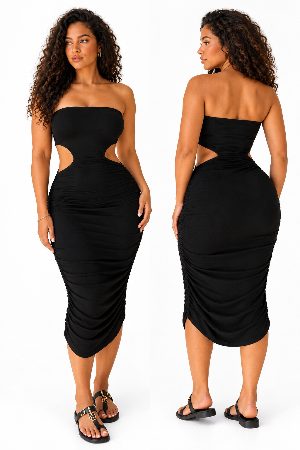Robe côtelée bustier à découpes latérales — Noir — studio fond blanc