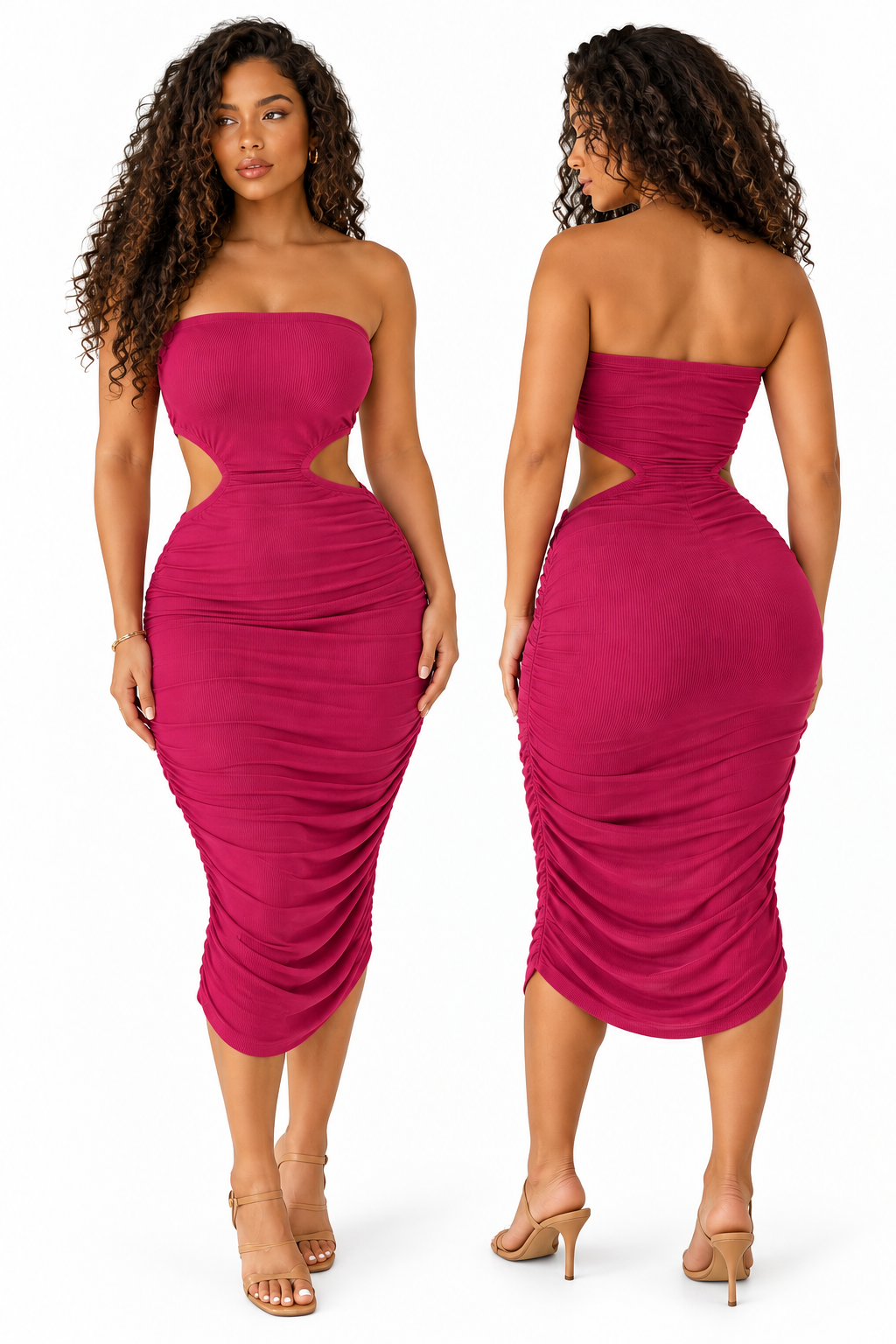 Robe côtelée bustier à découpes latérales — Fuchsia — studio fond blanc