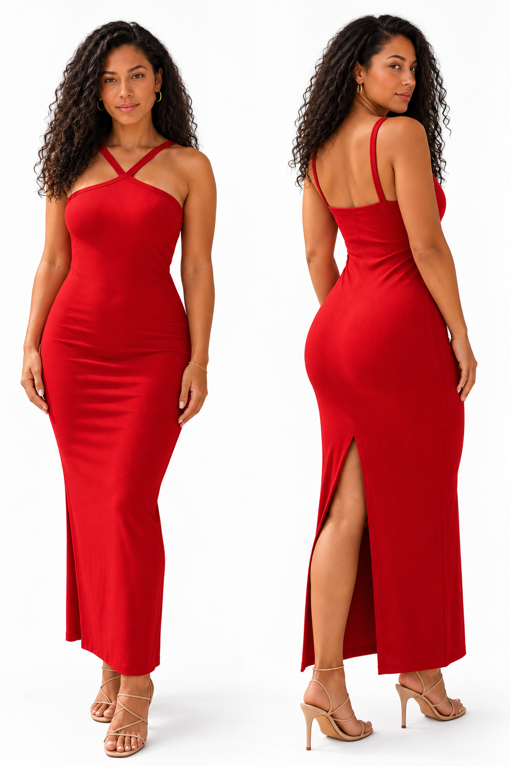 Robe côtelée longue dos nu à col montant — Rouge — studio fond blanc
