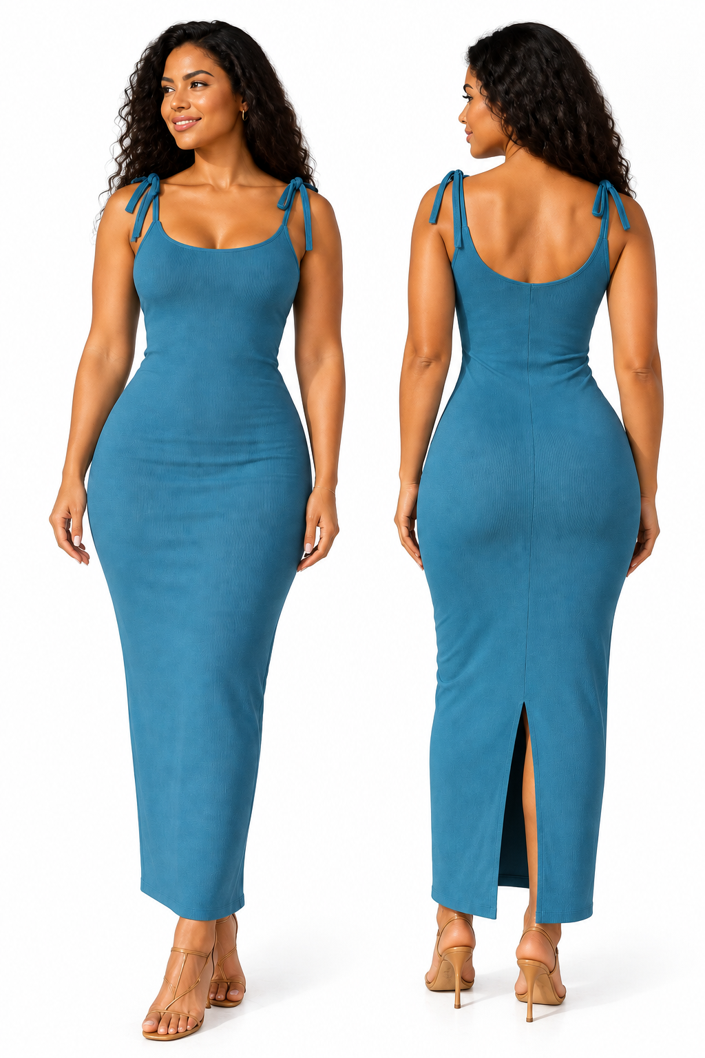 Robe côtelée longue à bretelles nouées — Bleu canard — studio fond blanc