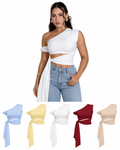 Top asymétrique drapé à nouer, porté en blanc et présenté en bleu clair, jaune pastel, blanc, bordeaux et beige