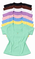 Top col carré manches courtes : noir, marron, blanc, lilas, rose, bleu, jaune et vert menthe