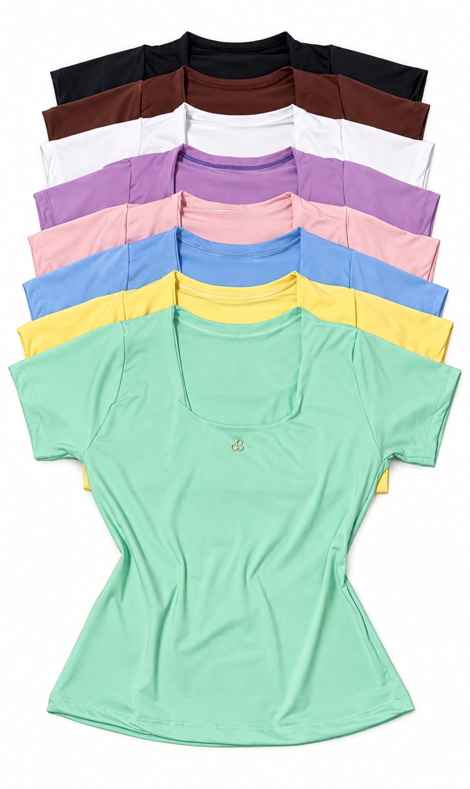 Top col carré manches courtes : noir, marron, blanc, lilas, rose, bleu, jaune et vert menthe